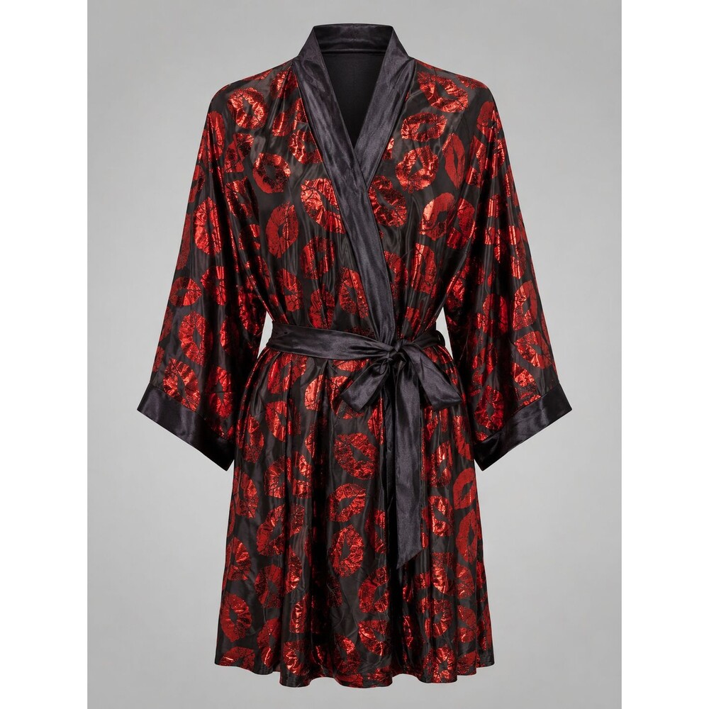 Women’s Black Satin Red Foil Lips Kimono Robe Tie Waist Size XL
